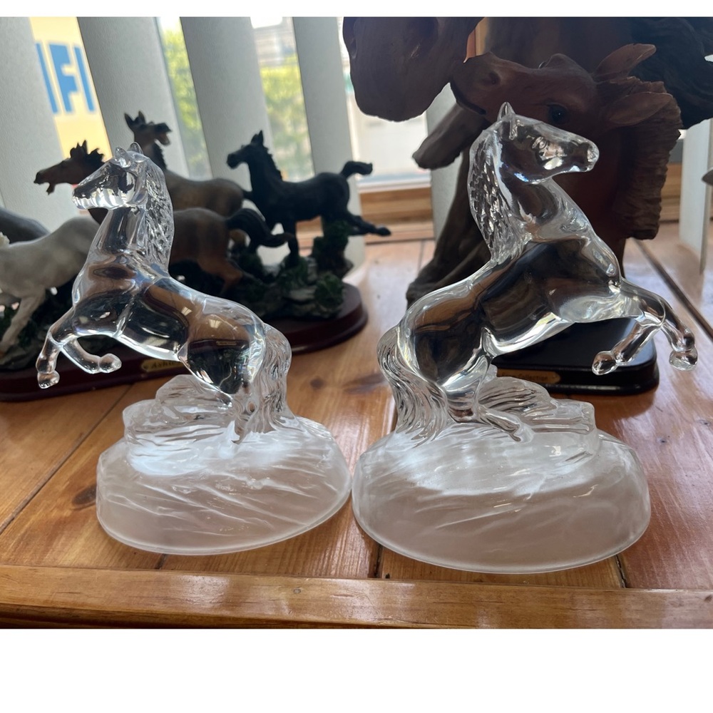 Cristal D' Arques Crystal Clear Glass Rearing Horse Figurine Set 2 Frosted Base